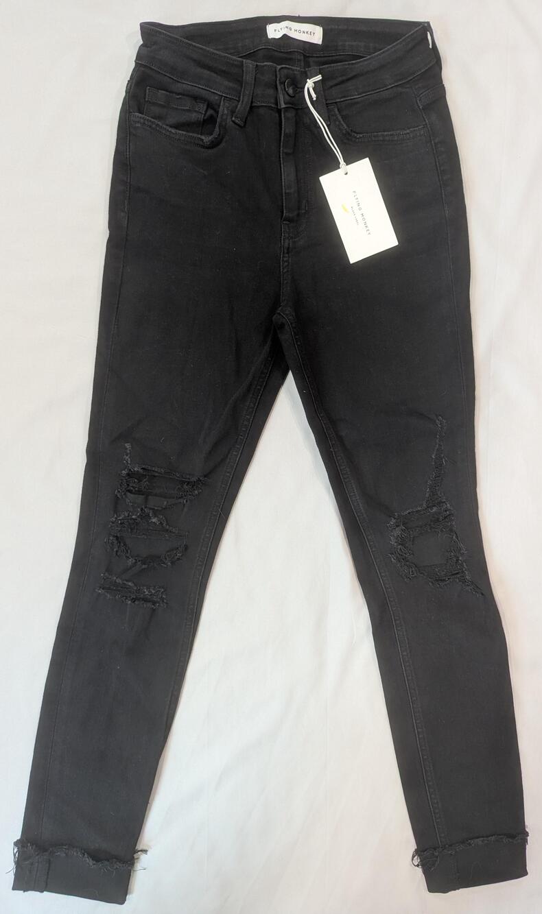 Flying Monkey Jeans Womens 26 Black Mid Rise Skinny Distressed Stretch Denim